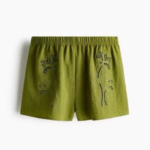 H&M Cream High-Waist Embroidered Linen-Blend Shorts